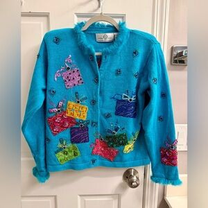 Vintage Design Pitons Beaded Present Bow Novelty Sweater Cardigan Feathers